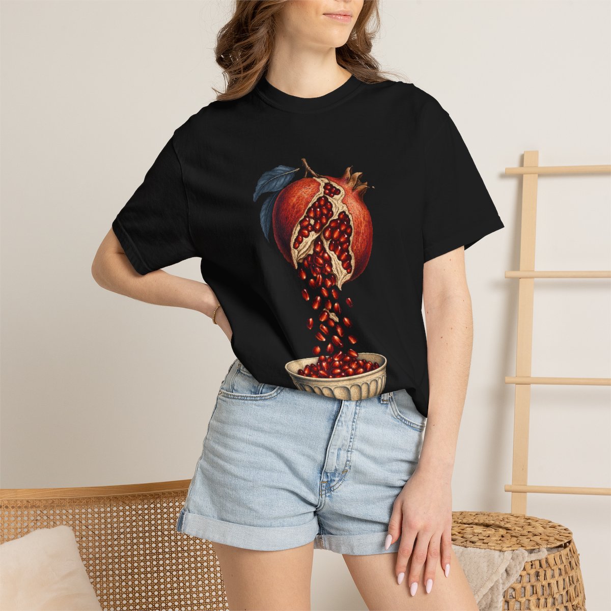 Pomegranate Spill Tee worn Printify context view on a Black Comfort Colors 1717 tee
