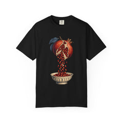 Pomegranate Spill Tee large front print on a Black Comfort Colors 1717 tee