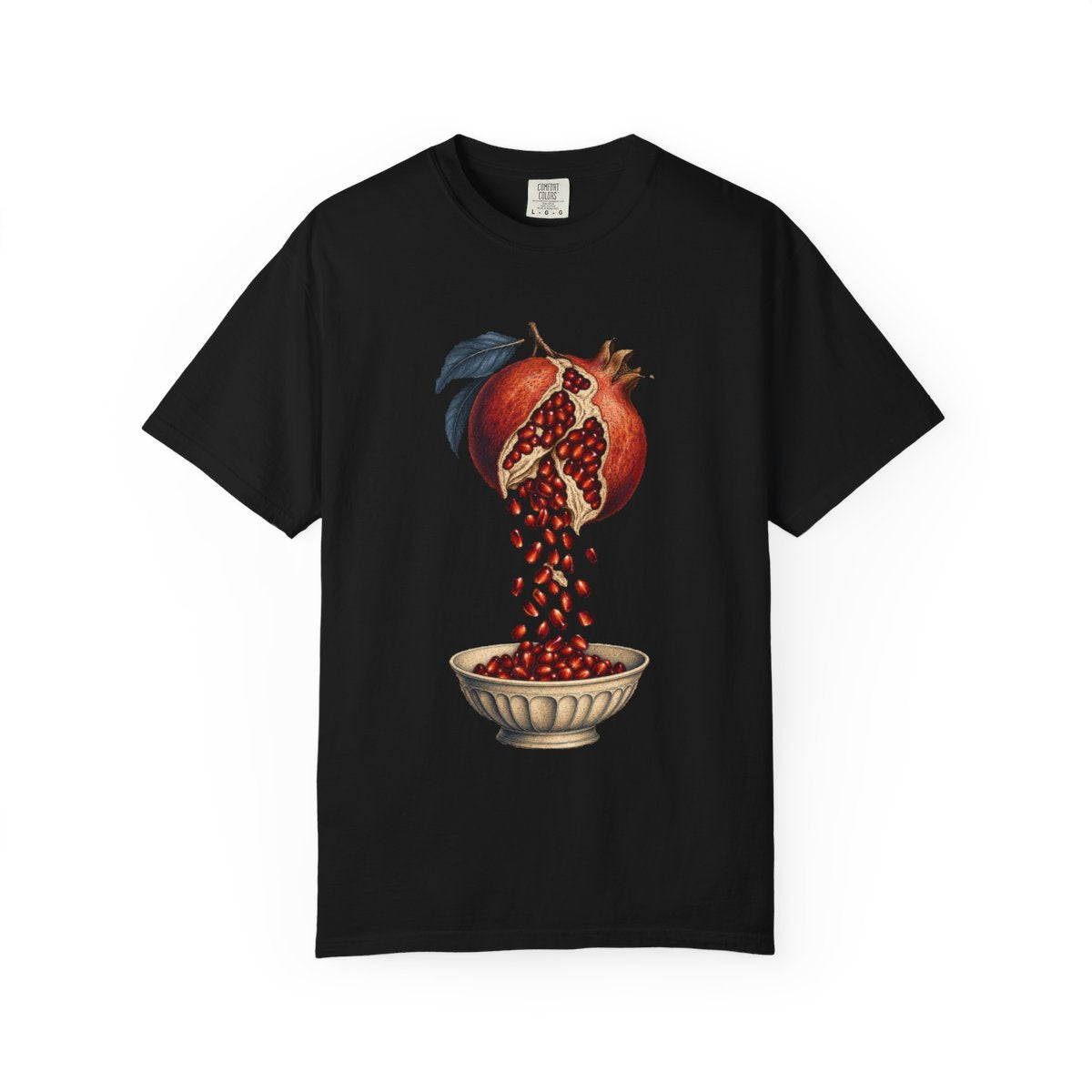 Pomegranate Spill Tee large front print on a Black Comfort Colors 1717 tee