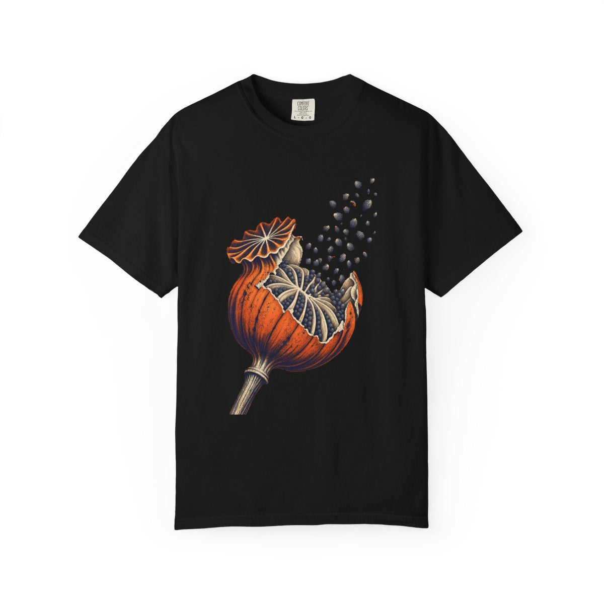 Split the Poppy Tee large front print on a Black Comfort Colors 1717 tee