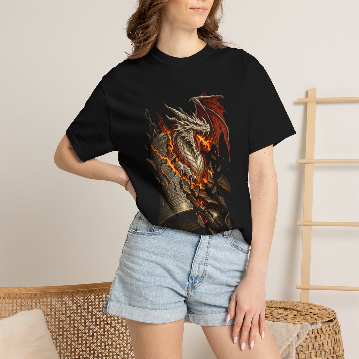 Bell Dragon Tee worn Printify context view on a Black Comfort Colors 1717 tee