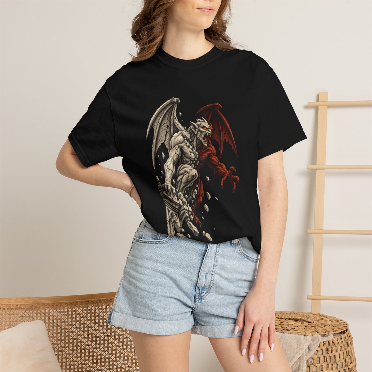 Gargoyle Unbound Tee worn Printify context view on a Black Comfort Colors 1717 tee