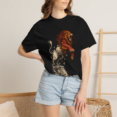 Lion Leaves Stone Tee worn Printify context view on a Black Comfort Colors 1717 tee