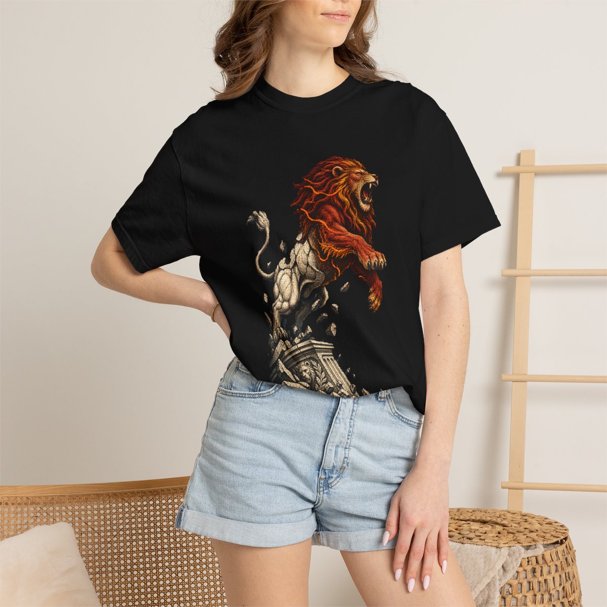 Lion Leaves Stone Tee worn Printify context view on a Black Comfort Colors 1717 tee