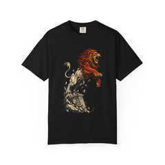 Lion Leaves Stone Tee large front print on a Black Comfort Colors 1717 tee