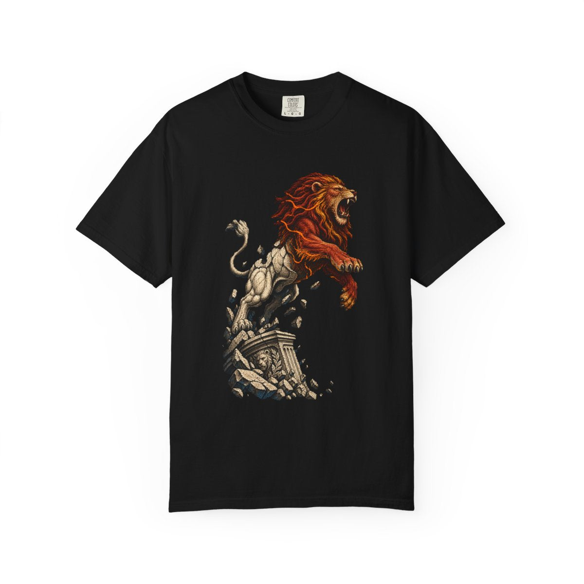 Lion Leaves Stone Tee large front print on a Black Comfort Colors 1717 tee