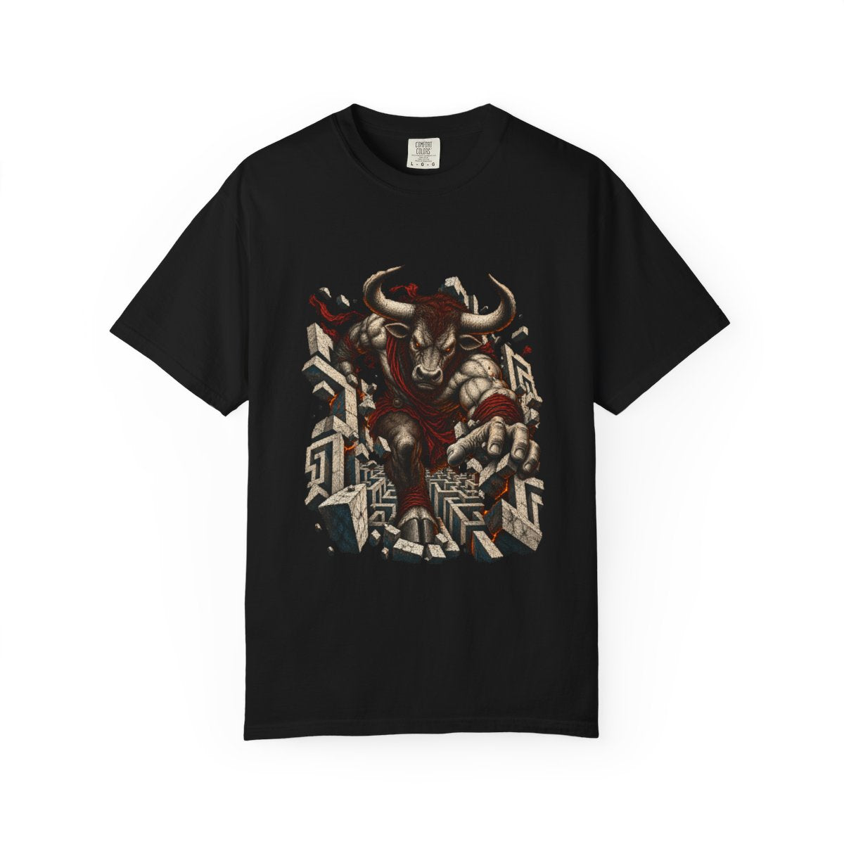 Minotaur Breakout Tee large front print on a Black Comfort Colors 1717 tee