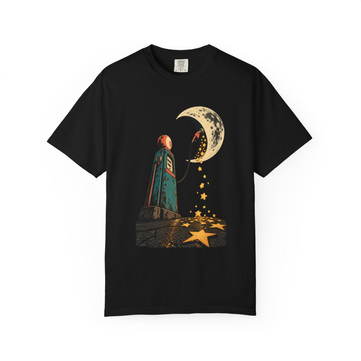 Fuel the Moon Tee large front print on a Black Comfort Colors 1717 tee