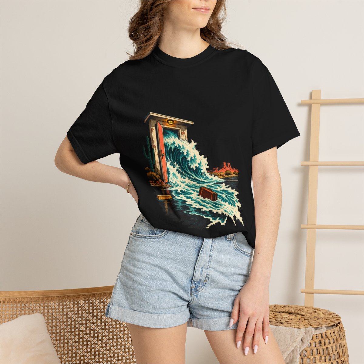 Motel Undertow Tee worn Printify context view on a Black Comfort Colors 1717 tee
