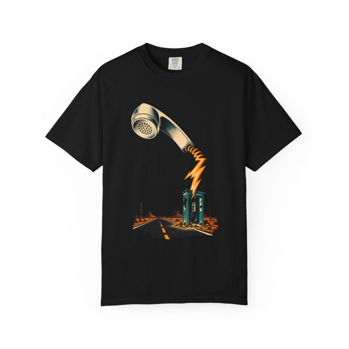 Payphone Lightning Tee large front print on a Black Comfort Colors 1717 tee