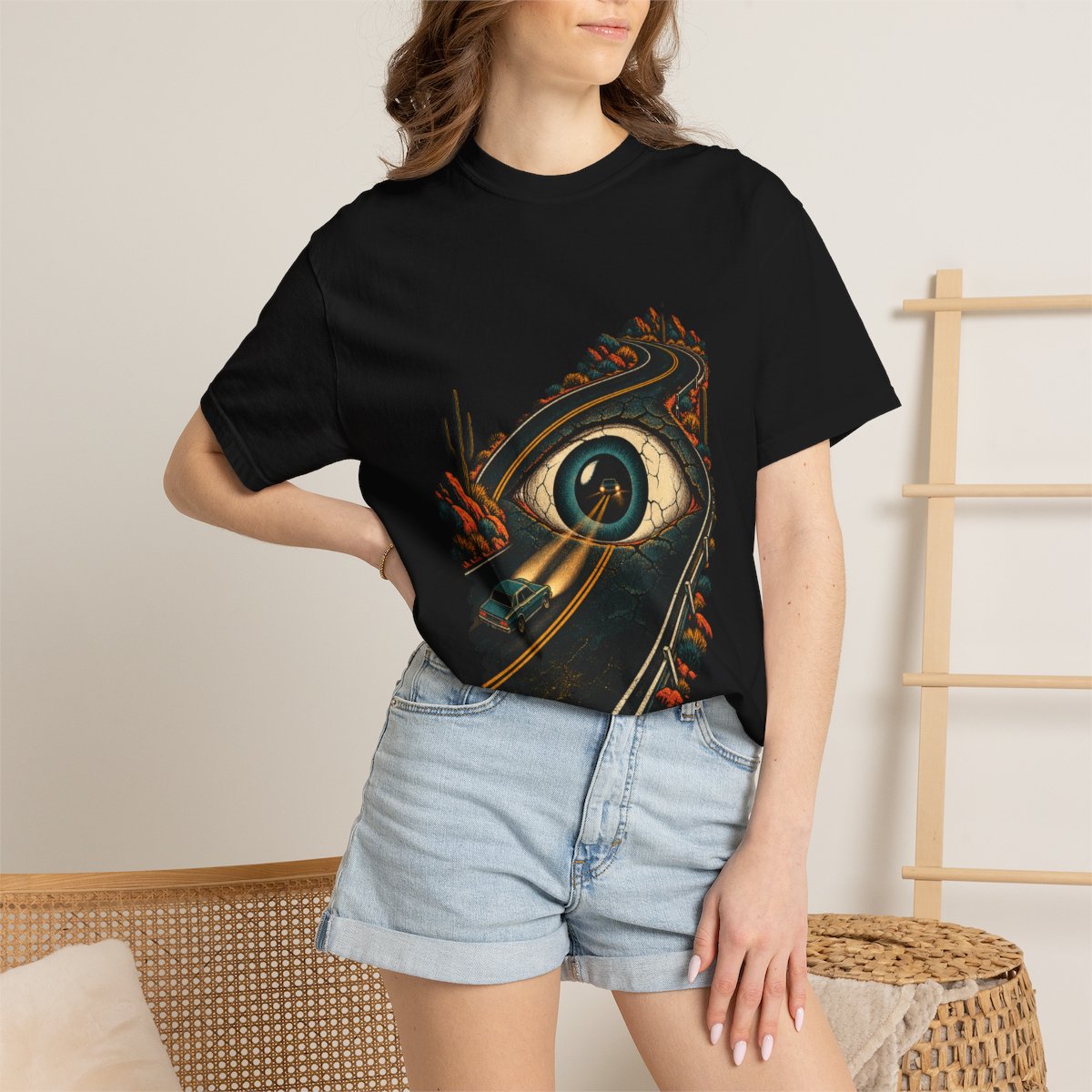 Roadside Eye Tee worn Printify context view on a Black Comfort Colors 1717 tee