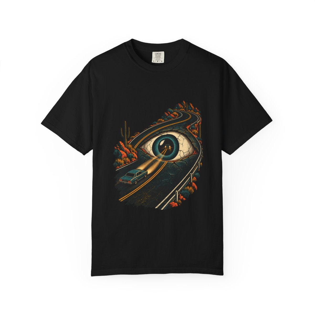 Roadside Eye Tee large front print on a Black Comfort Colors 1717 tee