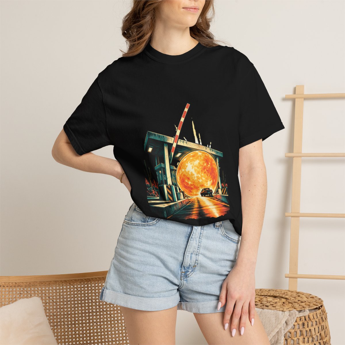 Sunrise Toll Tee worn Printify context view on a Black Comfort Colors 1717 tee