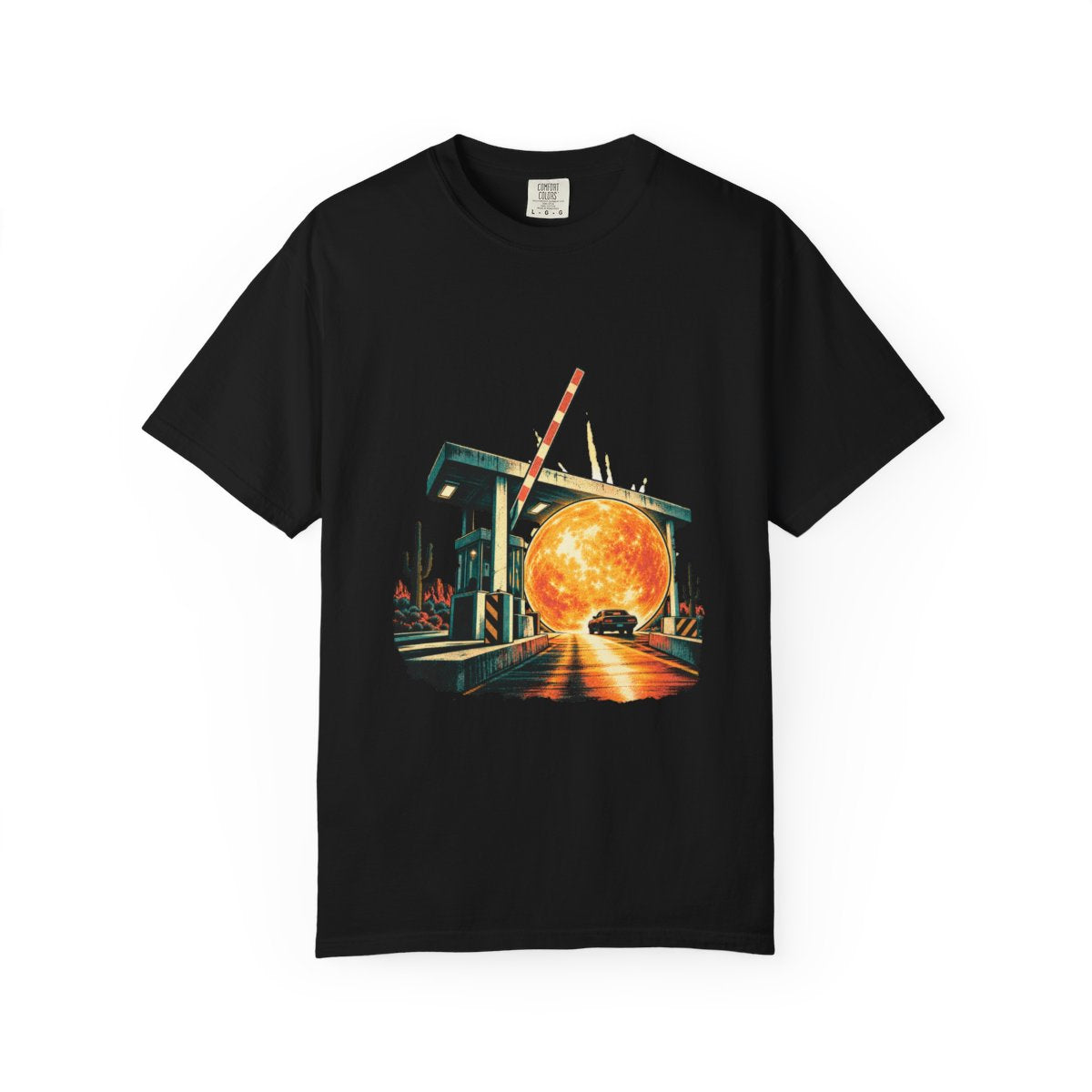 Sunrise Toll Tee large front print on a Black Comfort Colors 1717 tee