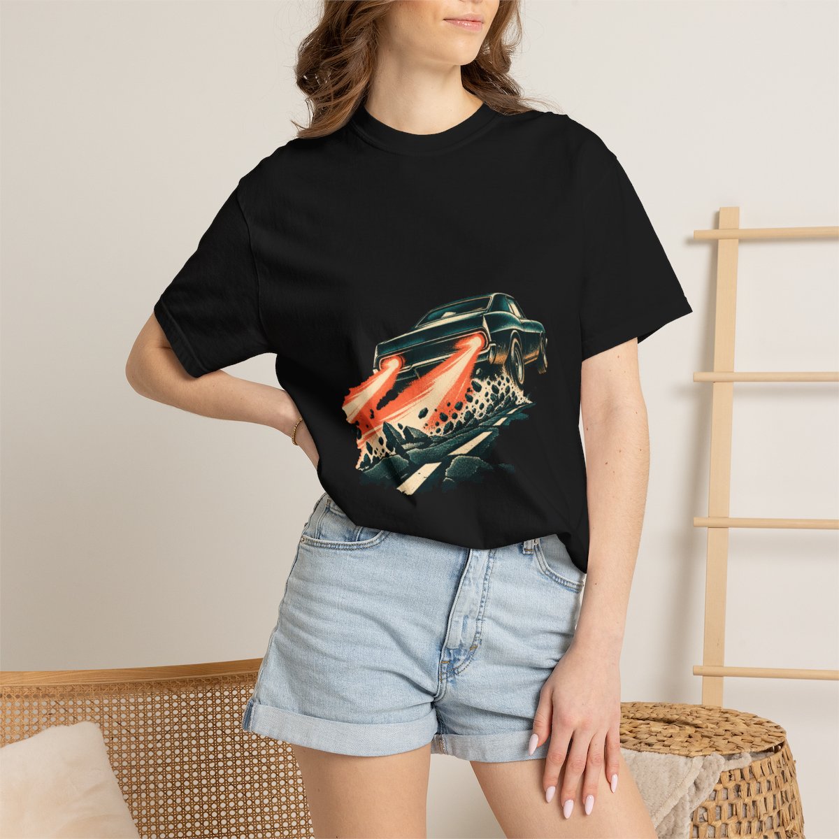 Tail Light Comet Tee worn Printify context view on a Black Comfort Colors 1717 tee