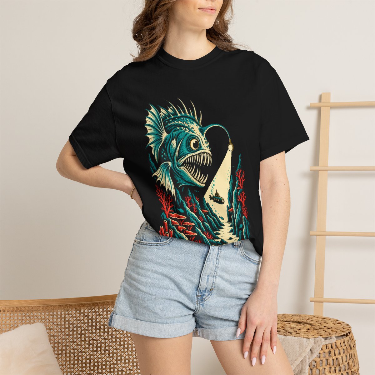 Angler Beacon Tee worn Printify context view on a Black Comfort Colors 1717 tee