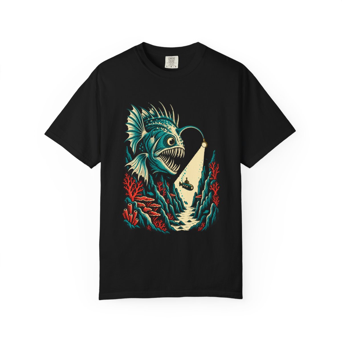 Angler Beacon Tee large front print on a Black Comfort Colors 1717 tee