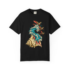 Conch Surge Tee large front print on a Black Comfort Colors 1717 tee