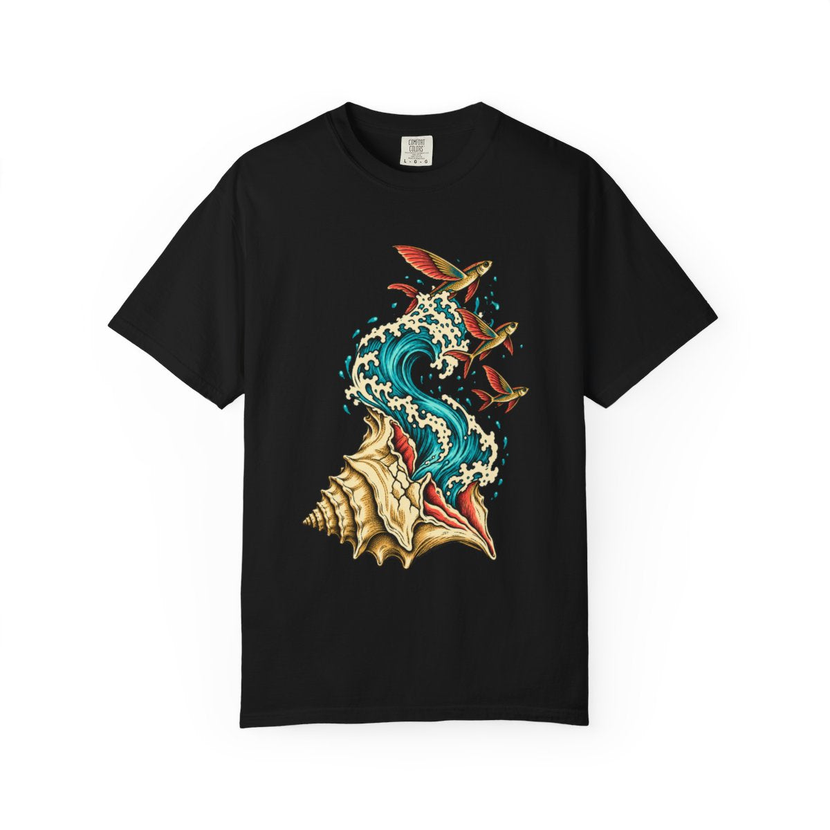 Conch Surge Tee large front print on a Black Comfort Colors 1717 tee