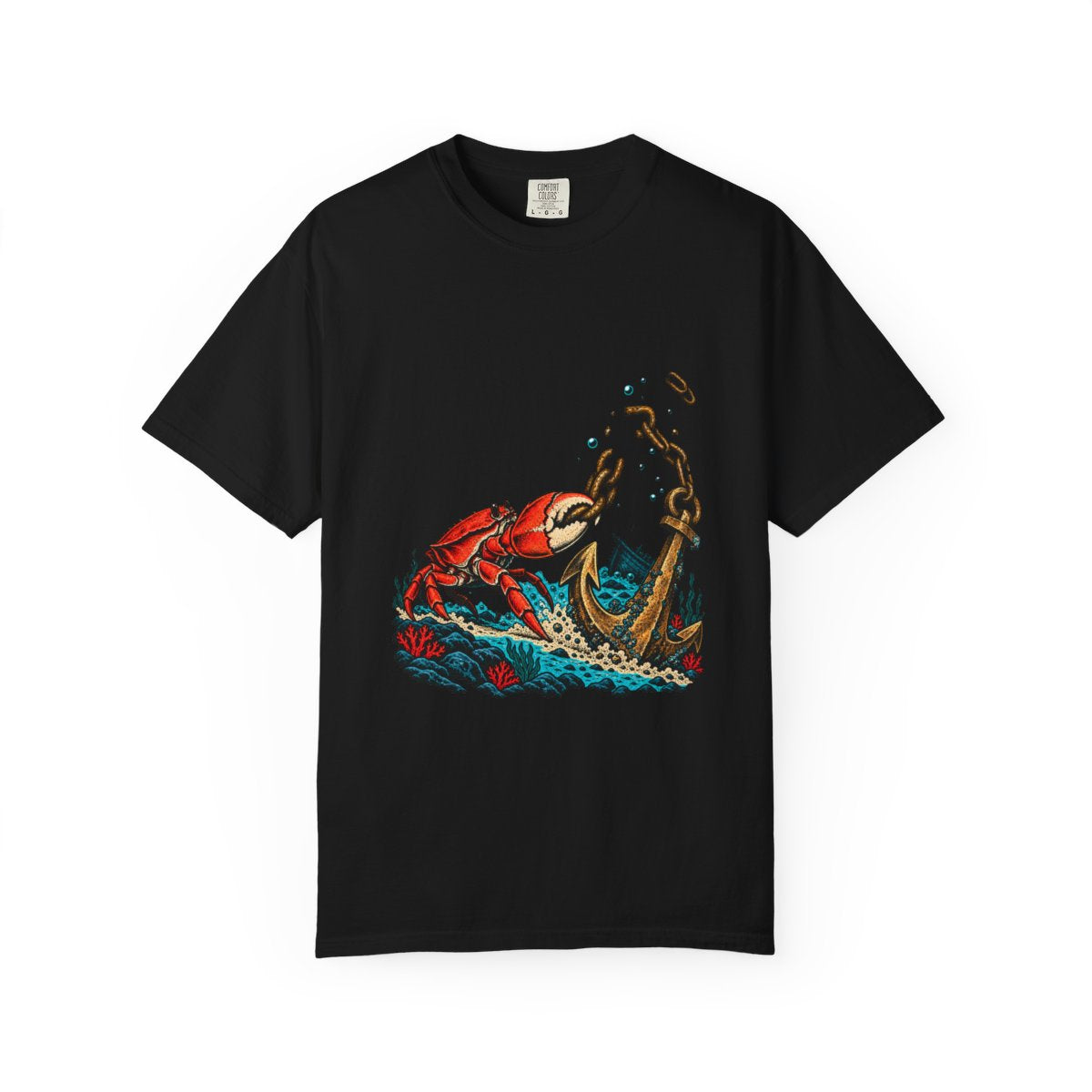 Crab Takes Anchor Tee large front print on a Black Comfort Colors 1717 tee