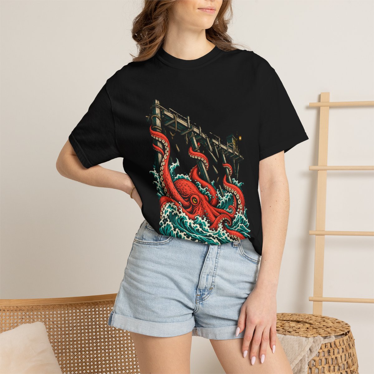 Hold the Pier Tee worn Printify context view on a Black Comfort Colors 1717 tee