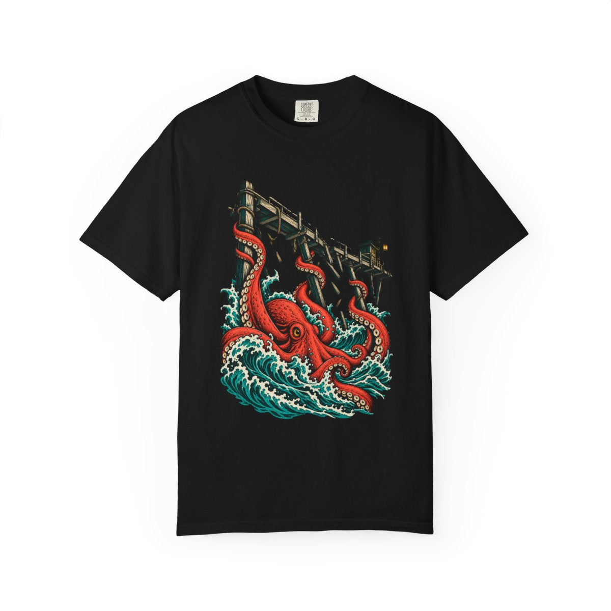 Hold the Pier Tee large front print on a Black Comfort Colors 1717 tee