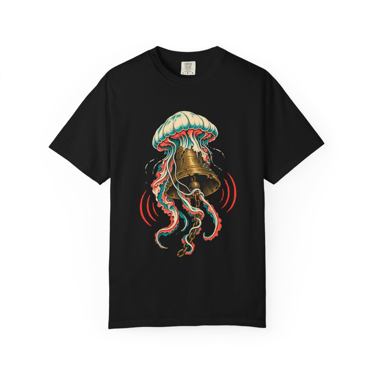 Jellyfish Bell Tee large front print on a Black Comfort Colors 1717 tee