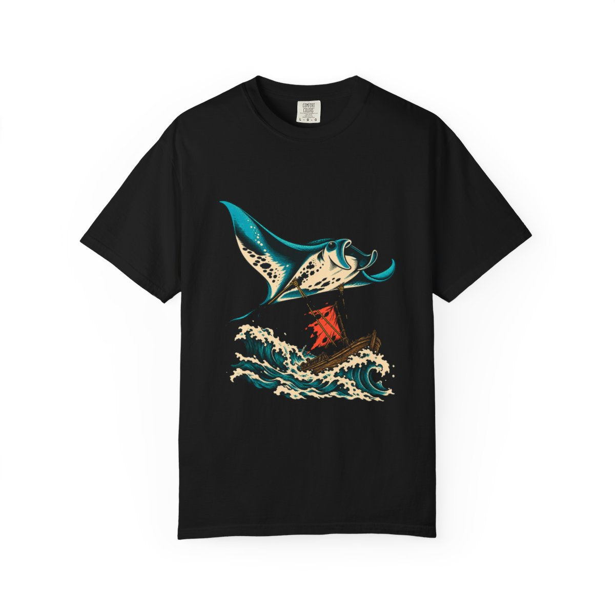 Manta Sail Tee large front print on a Black Comfort Colors 1717 tee