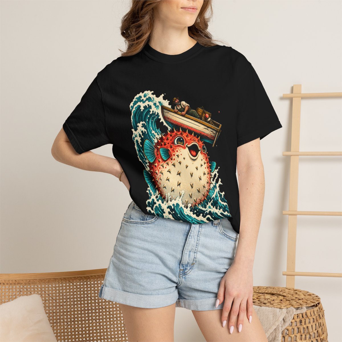 Puffer Lift Tee worn Printify context view on a Black Comfort Colors 1717 tee
