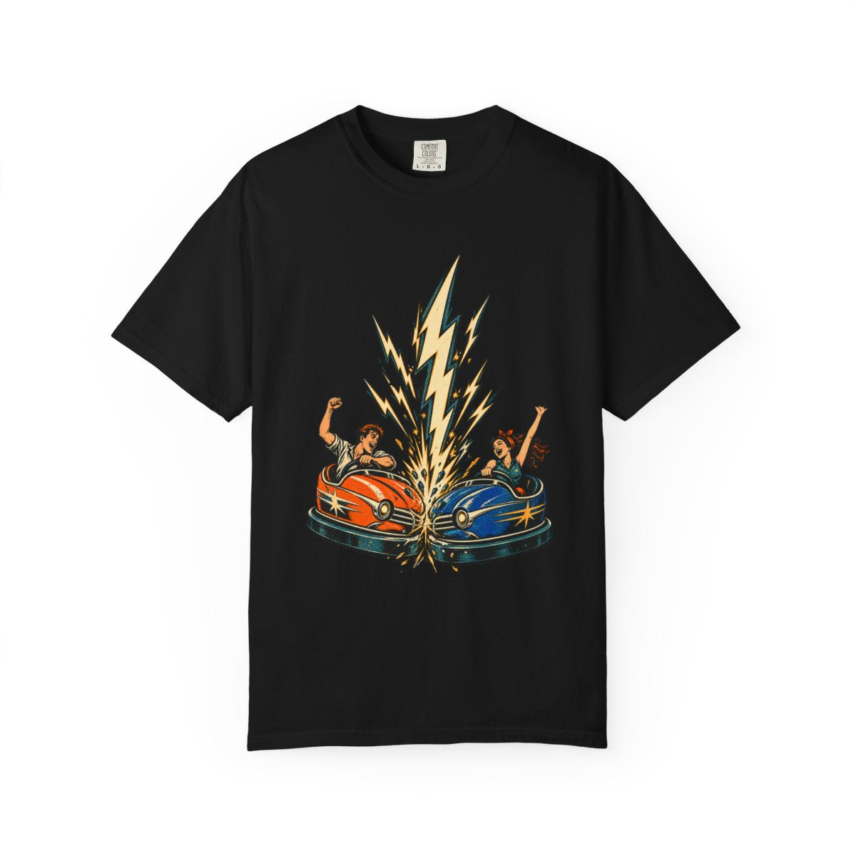 Bumper Bolt Tee large front print on a Black Comfort Colors 1717 tee