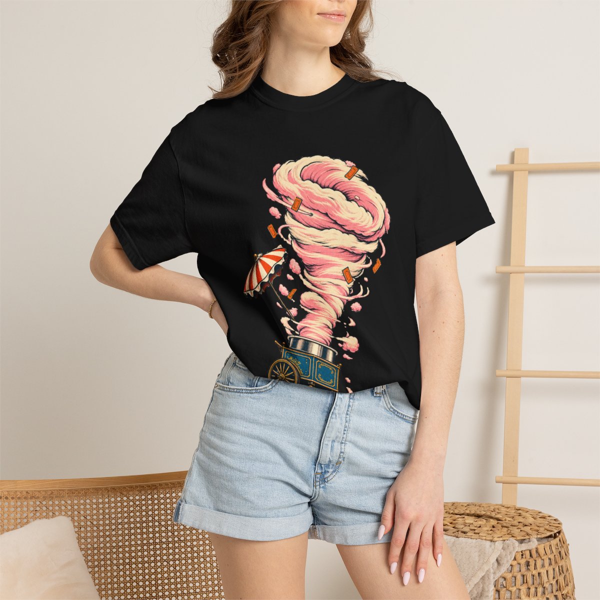 Candy Cyclone Tee worn Printify context view on a Black Comfort Colors 1717 tee