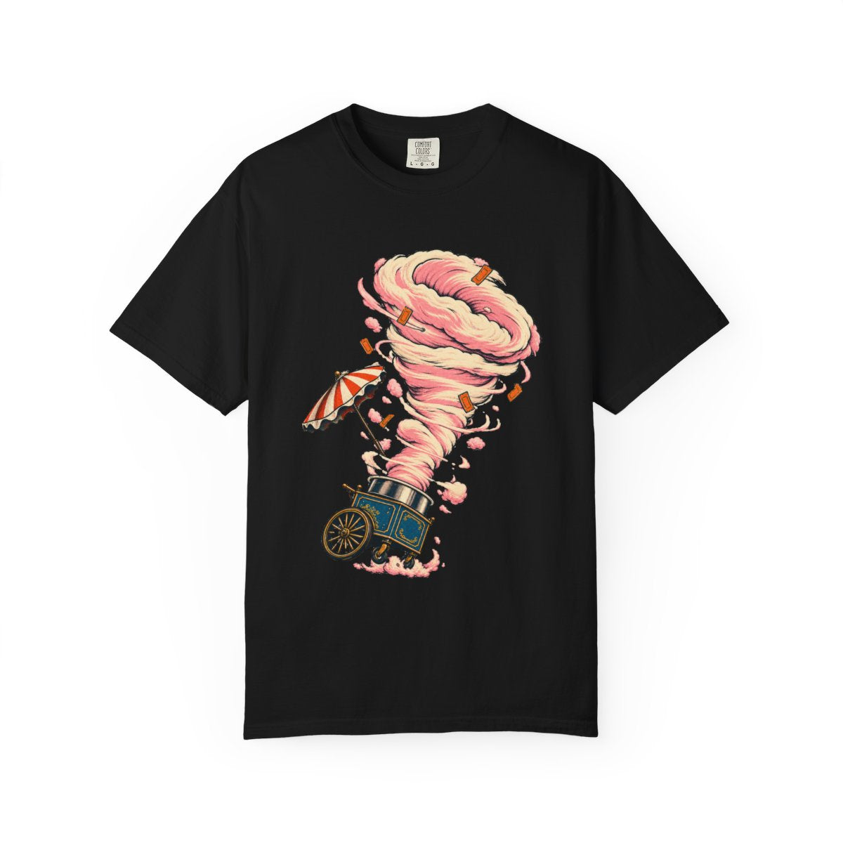 Candy Cyclone Tee large front print on a Black Comfort Colors 1717 tee
