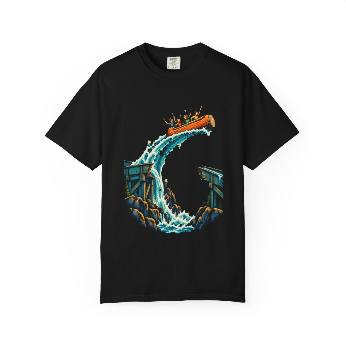 Flume Leap Tee large front print on a Black Comfort Colors 1717 tee