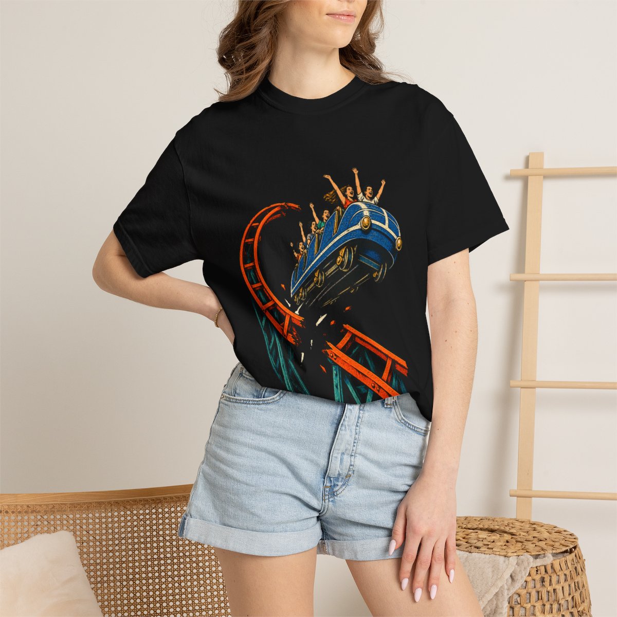 Loop Escape Tee worn Printify context view on a Black Comfort Colors 1717 tee