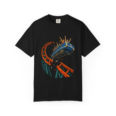 Loop Escape Tee large front print on a Black Comfort Colors 1717 tee