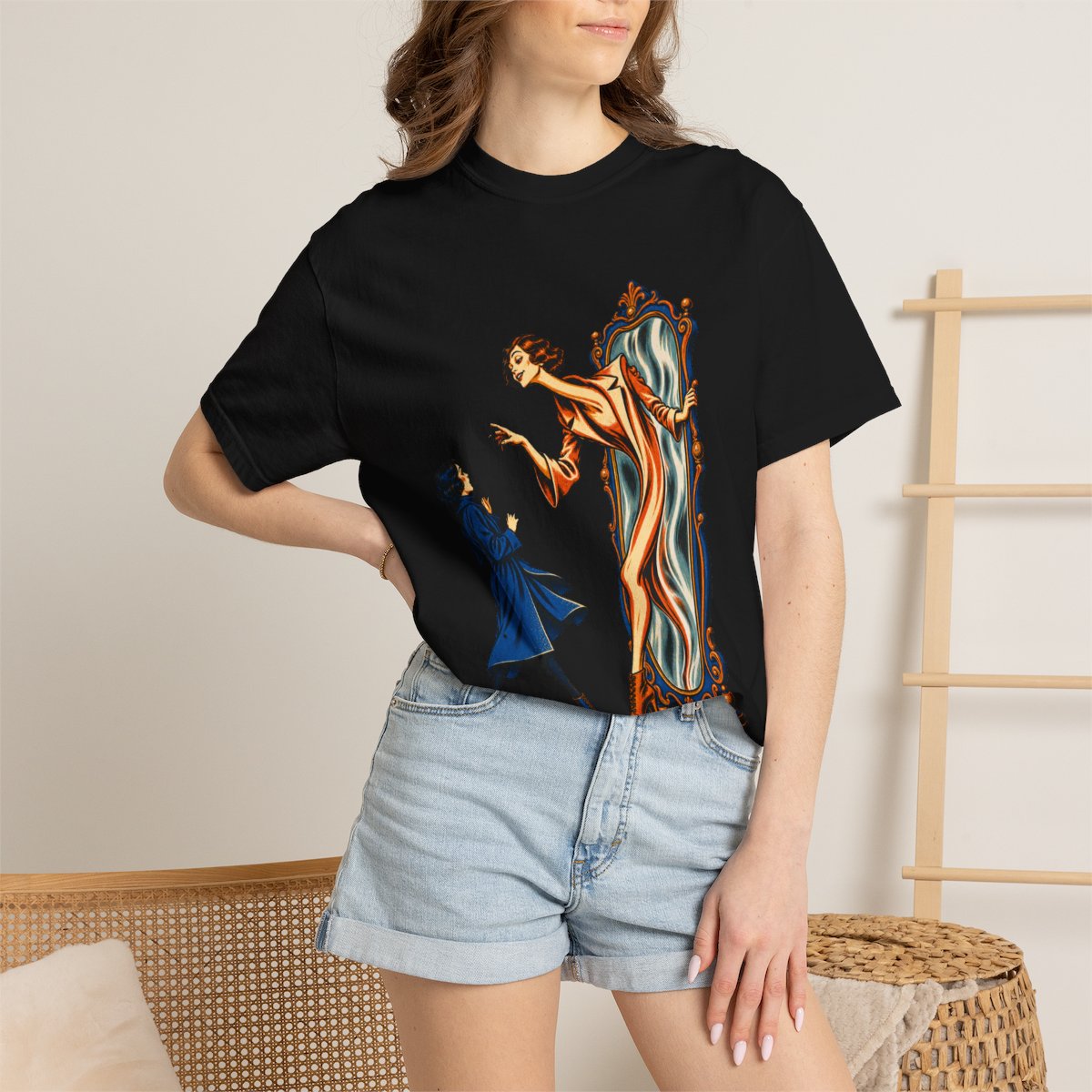 Mirror Twin Tee worn Printify context view on a Black Comfort Colors 1717 tee