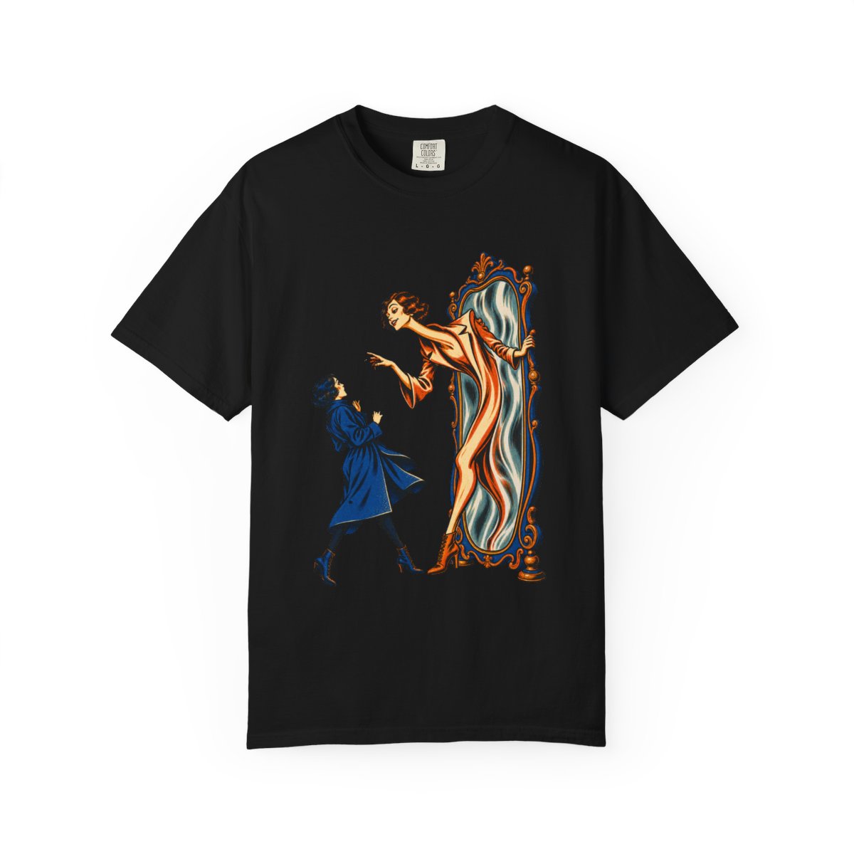 Mirror Twin Tee large front print on a Black Comfort Colors 1717 tee