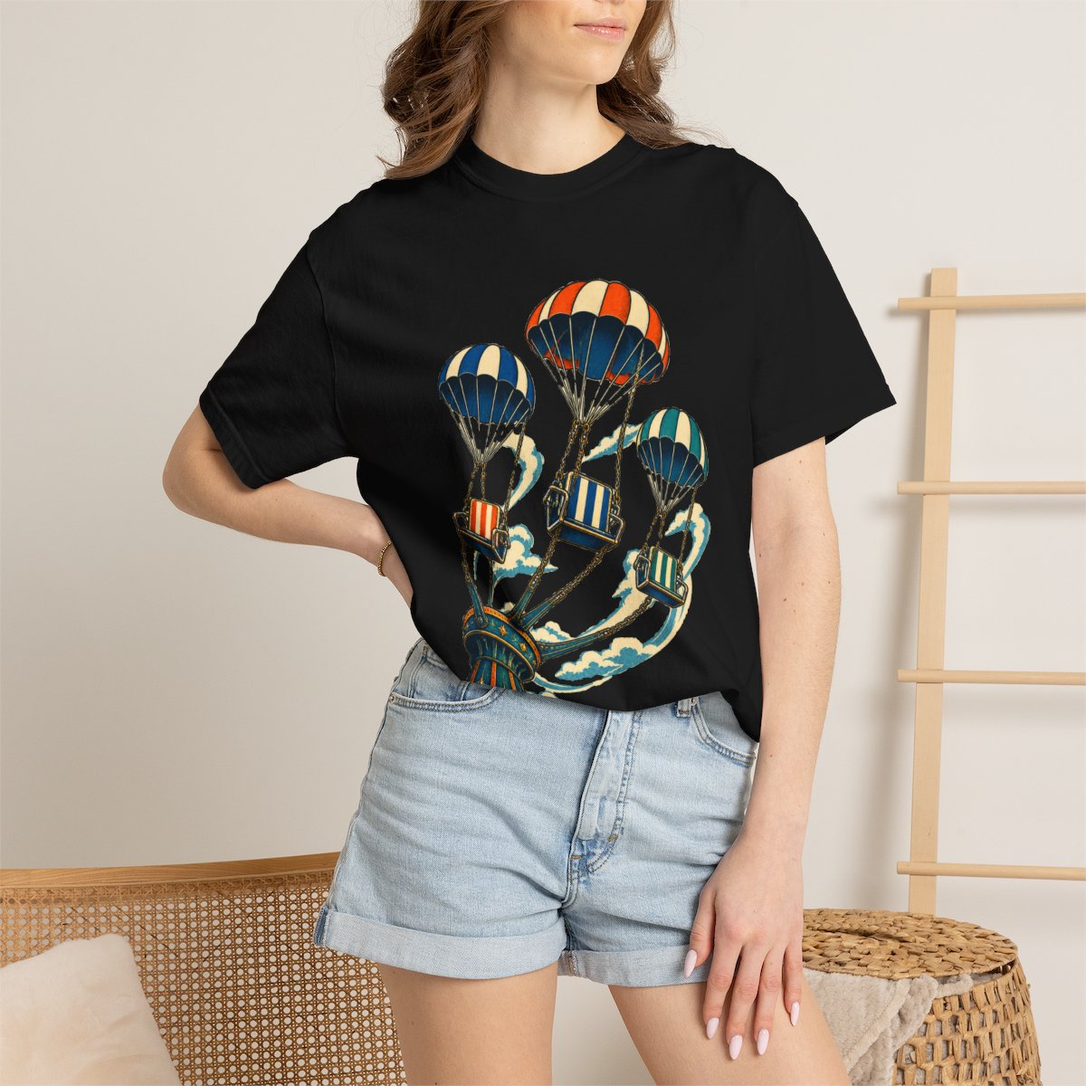 Swing Flight Tee worn Printify context view on a Black Comfort Colors 1717 tee