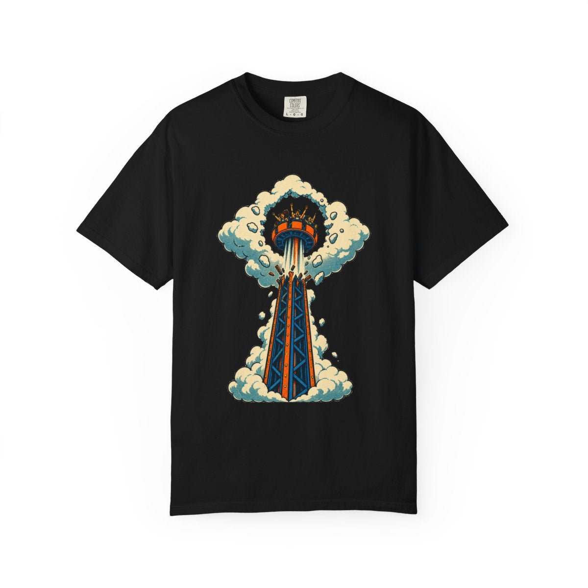 Tower Punch Tee large front print on a Black Comfort Colors 1717 tee