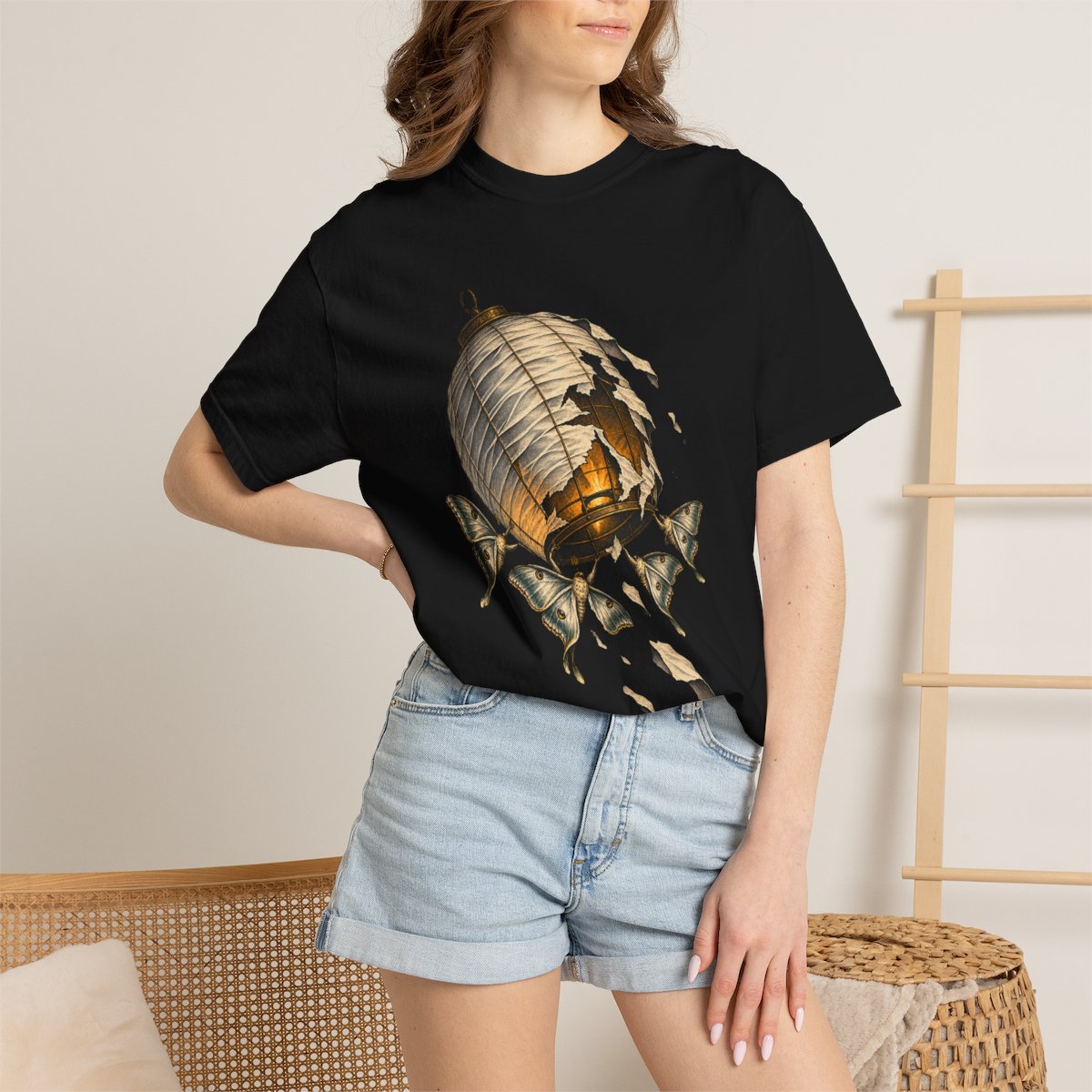 Lantern Collapse Tee worn Printify context view on a Black Comfort Colors 1717 tee