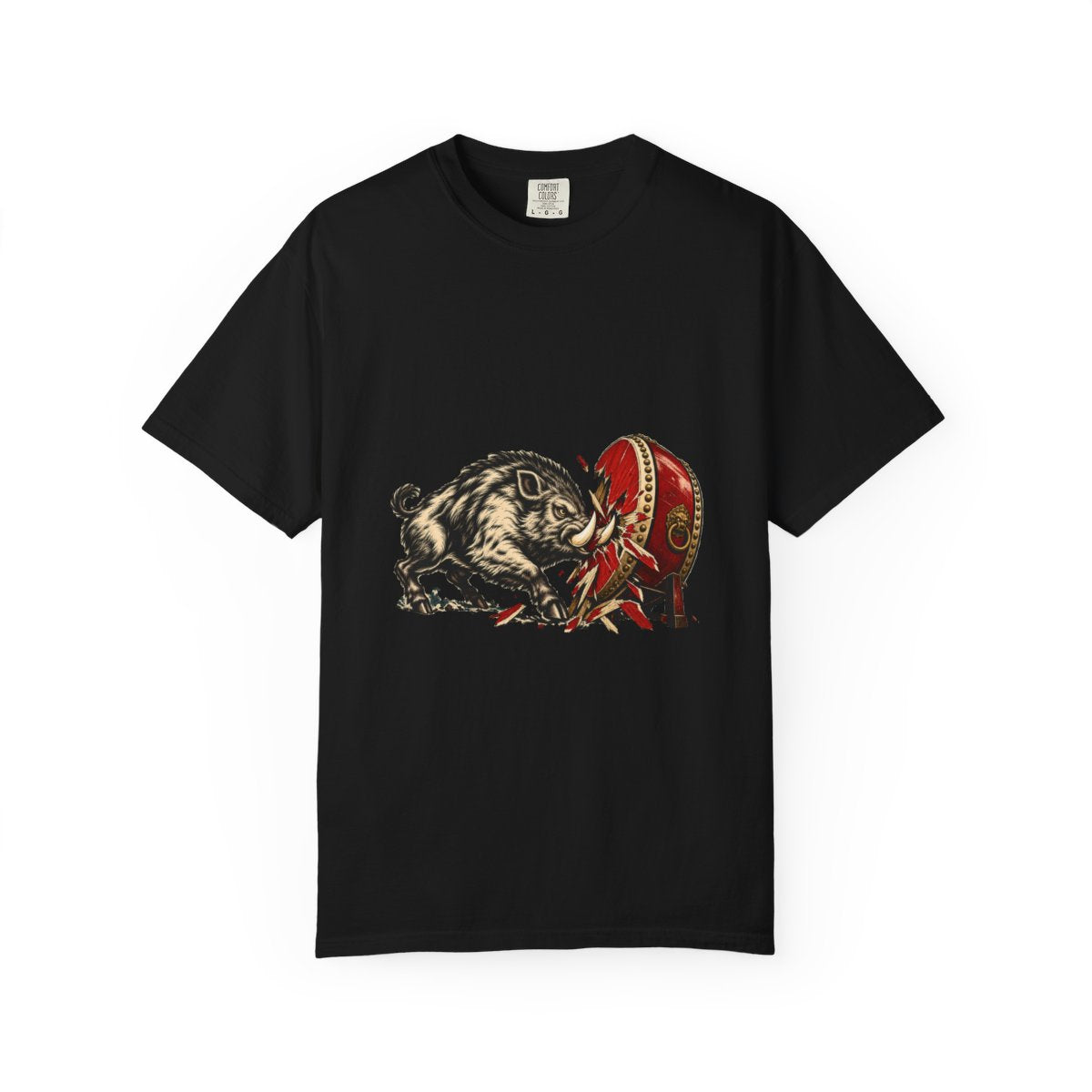Drum Crash Tee large front print on a Black Comfort Colors 1717 tee