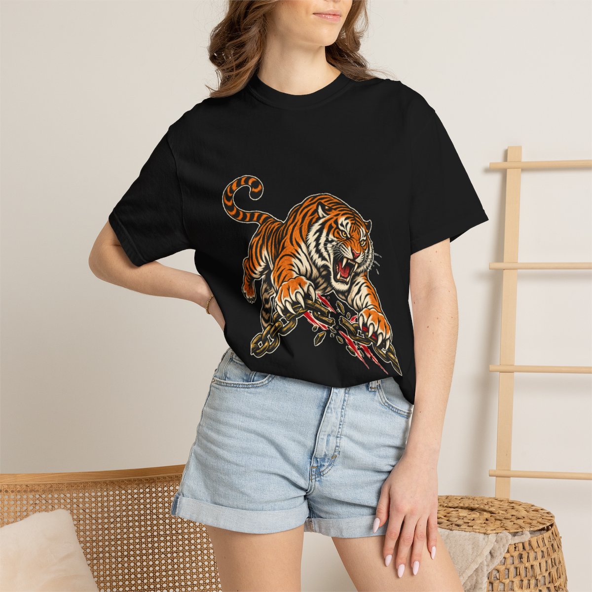 Tiger Unchained Tee worn Printify context view on a Black Comfort Colors 1717 tee