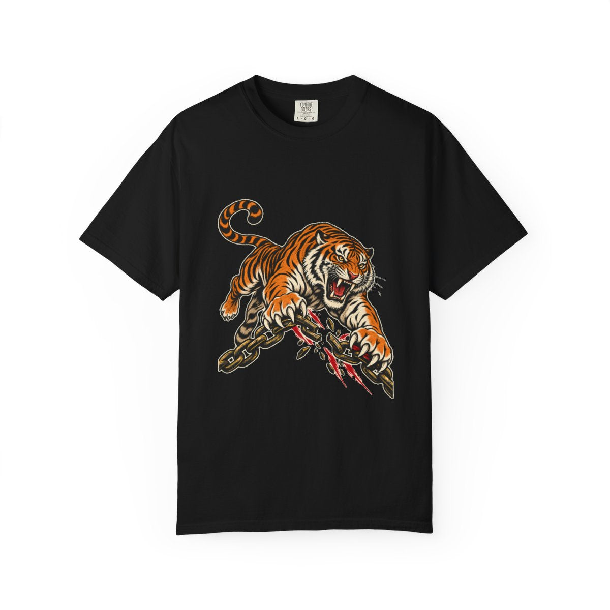 Tiger Unchained Tee large front print on a Black Comfort Colors 1717 tee