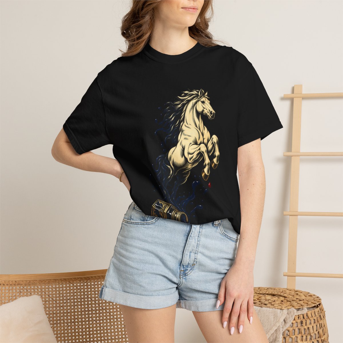 Ink Stallion Tee worn Printify context view on a Black Comfort Colors 1717 tee