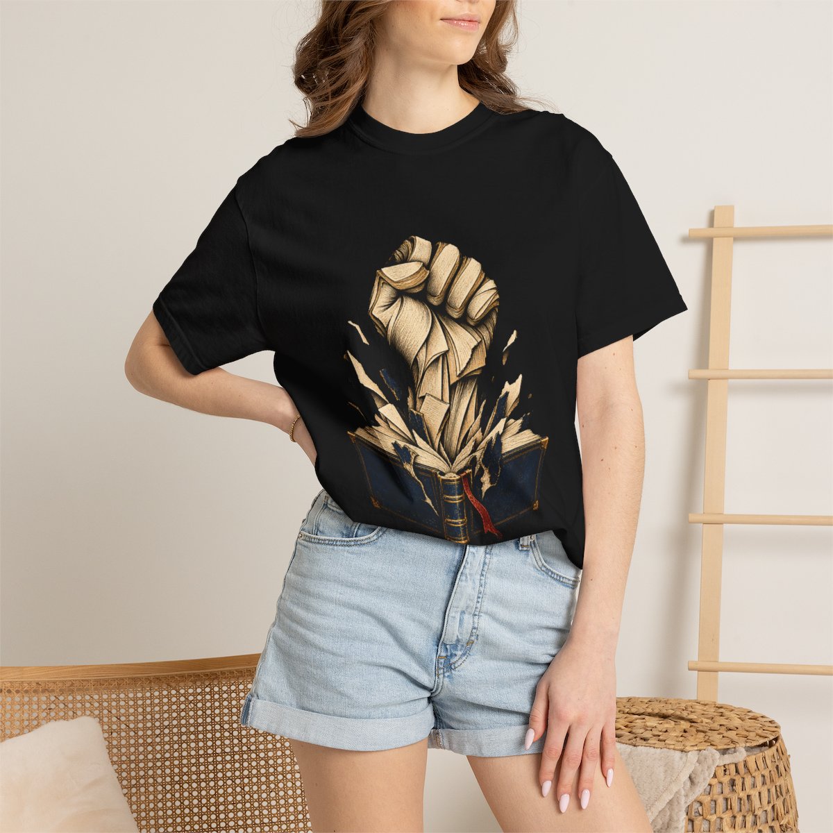 Page Break Tee worn Printify context view on a Black Comfort Colors 1717 tee