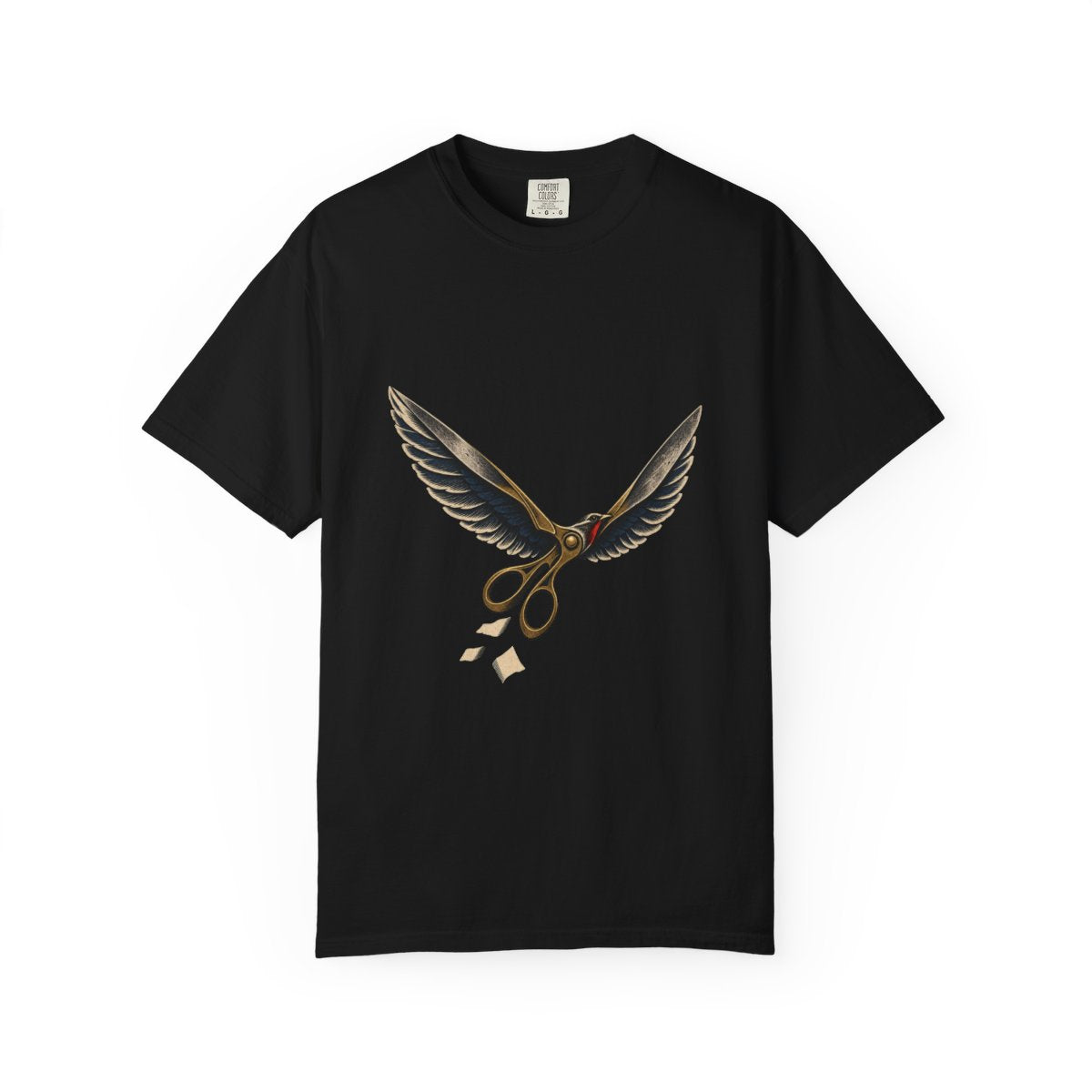 Scissor Wings Tee large front print on a Black Comfort Colors 1717 tee