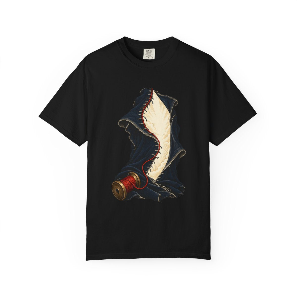 Unravel Tee large front print on a Black Comfort Colors 1717 tee