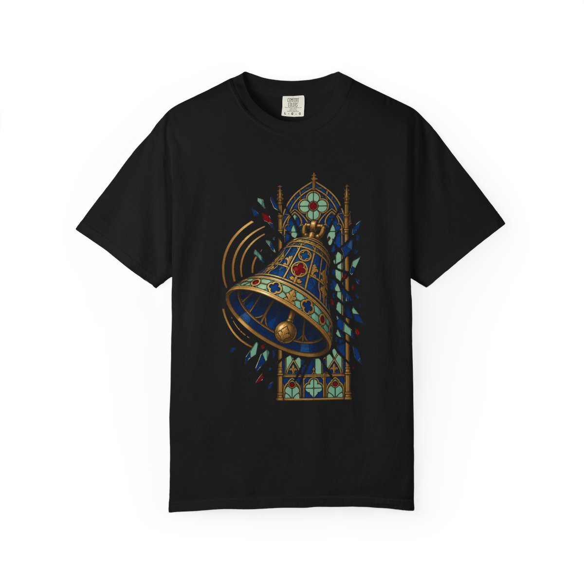 Bell Fracture Tee large front print on a Black Comfort Colors 1717 tee