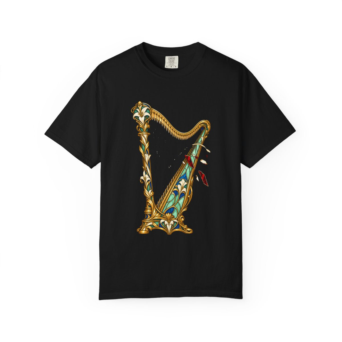 Glass Harp Tee large front print on a Black Comfort Colors 1717 tee
