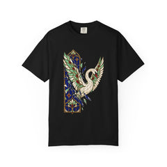 Glass Swan Tee large front print on a Black Comfort Colors 1717 tee